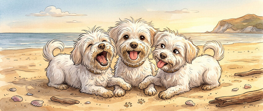 Children's illustration of three Maltese puppies playing on the beach.