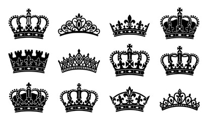 Majestic royal crown illustration set with king queen tiara princess coronet and regal heraldic vector silhouettes © Mst Jui