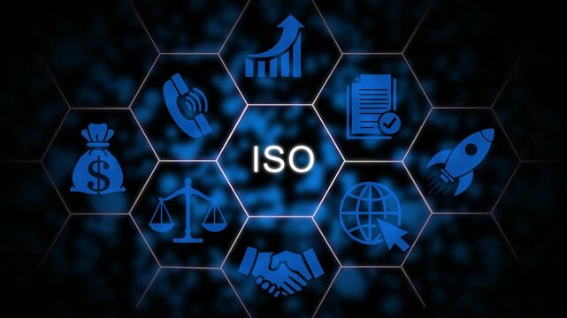 Iso certification and business standards concept with digital hexagon and corporate growth symbols compliance