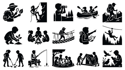 Obraz premium Black White Camping Outdoor Activity Icons for Kids Vector Art
