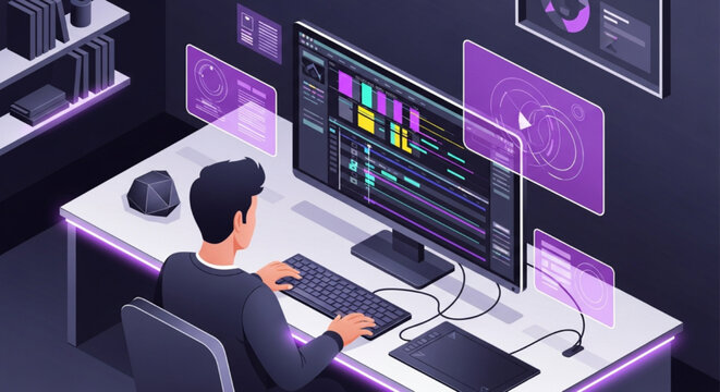 Video editor working on timeline in dark motion graphics studio