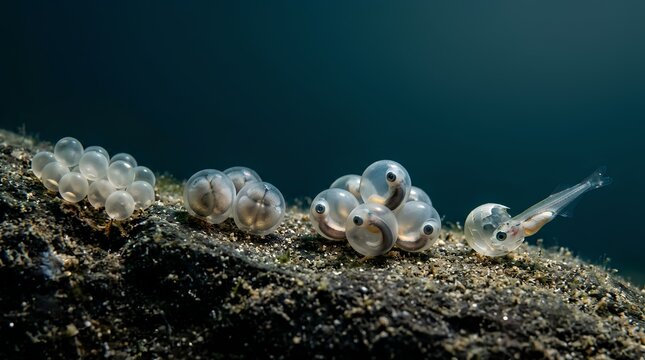 魚の卵から稚魚への成長過程を並べたマクロイメージ
