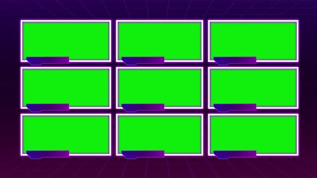 Multiple computer monitors with vibrant green screens. Modern tech workspace setup for digital professionals.