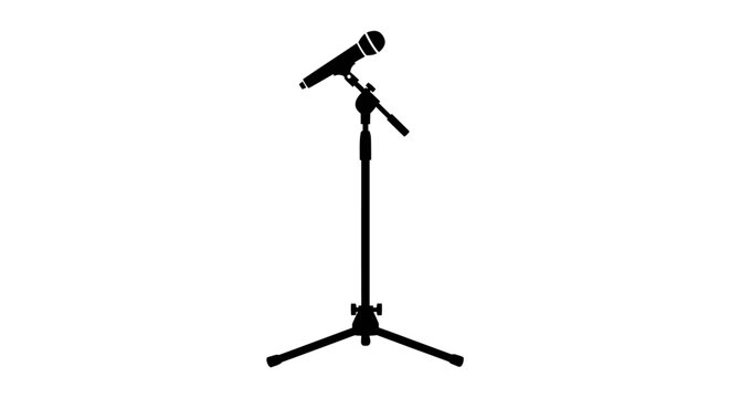 Microphone with stand in black silhouette against a white background silhouette mic vocal audio sound recording broadcast
