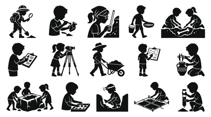 Obraz premium Black White Silhouettes of Children Discovering Archaeology, Digging, and Studying Artifacts