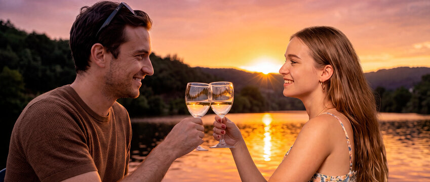 Young couple toasting with white wine in an idyllic landscape at sunset.