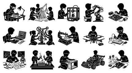 Obraz premium STEM Education Black and White Silhouette Icons of Children Learning Technology, Science Engineering