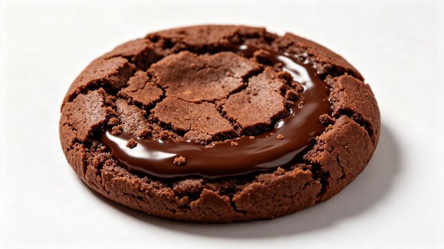 A rich chocolate brownie cookie featuring a glossy, melted chocolate swirl on top, captured in a close-up shot against a plain white background.