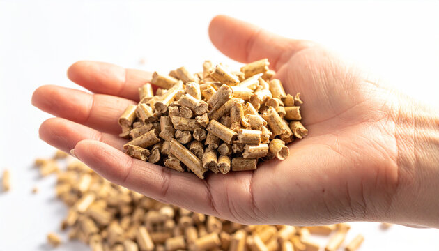 Handful of Biomass Pellets: Close-up of a person's open hand holding a pile of compressed biomass pellets, showcasing a renewable energy source in a sustainable and eco-friendly concept.