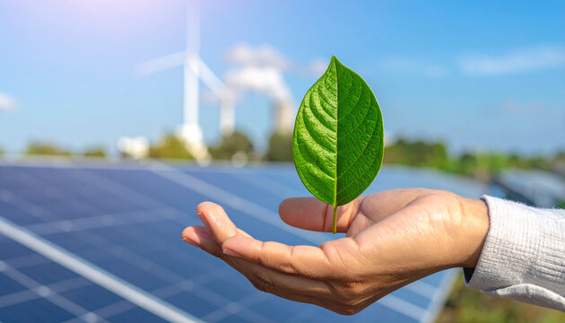 Sustainable Future: A person's hand gently holds a fresh green leaf, symbolizing the connection between human care and environmental preservation, against a backdrop of solar panels and wind turbines.