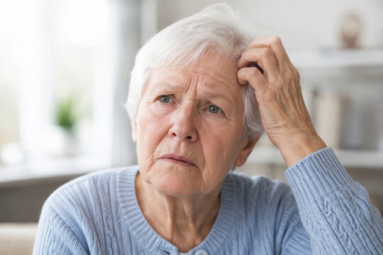 Confused senior woman touching head trying to remember something. Elderly person experiencing memory loss or dementia symptom. Concept of mental health and cognitive decline in old age.
