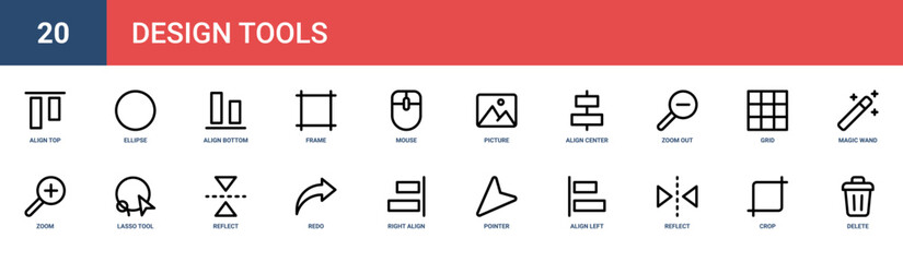 Obraz premium Set of 20 outline web Design Tools icons such as delete, crop, reflect, align left, pointer, right align, redo vector icons for report, presentation, diagram, web design, mobile app