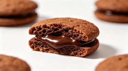 Fototapeta premium A macro shot of a delicious chocolate sandwich cookie broken apart, showing a luscious, gooey molten center on a clean white background.