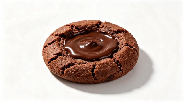 A single chocolate thumbprint cookie with a glossy, melted chocolate center, isolated on a clean white background.