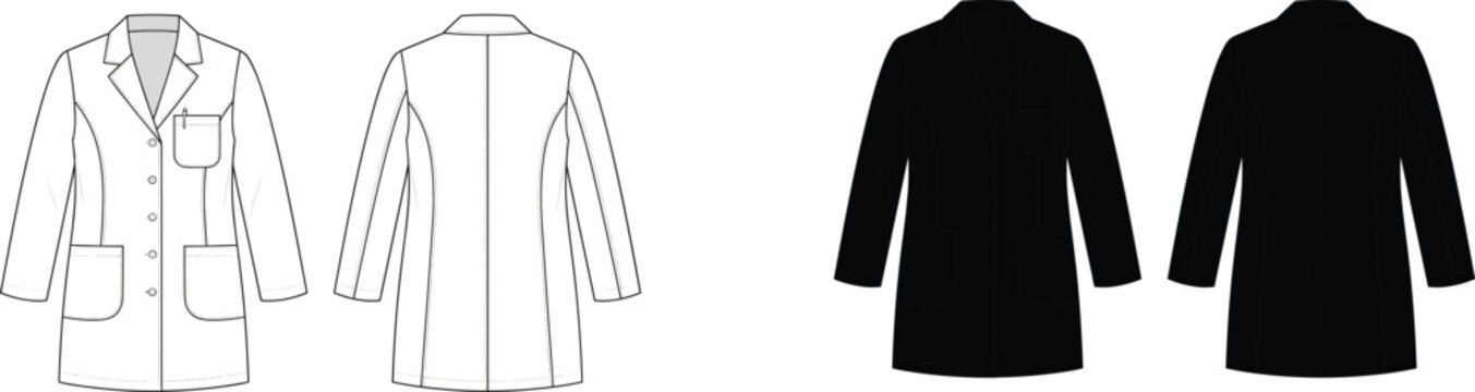 Professional vector fashion flat sketch of a medical lab coat with front and back views