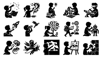 Fototapeta premium Education Childhood Silhouette Glyphs: Kids Learning, Creative Play, STEM Activities Discovery