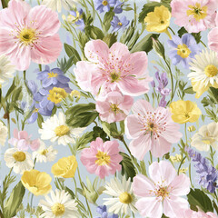 Obraz premium Soft pastel floral pattern with blooming cherry and wildflowers creating fresh spring mood