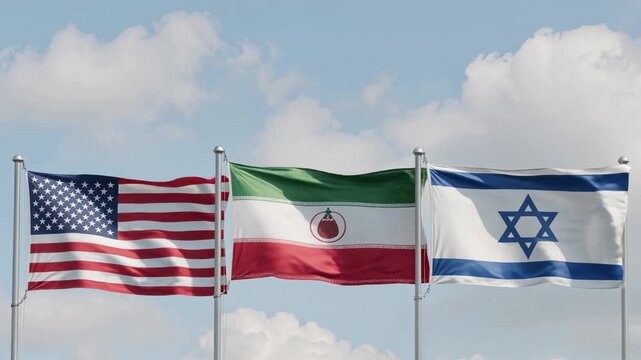 Flags of the United States, Iran, and Israel waving in the wind on flagpoles against a cloudy sky, representing international relations, geopolitics, Middle East conflict, and diplomacy.