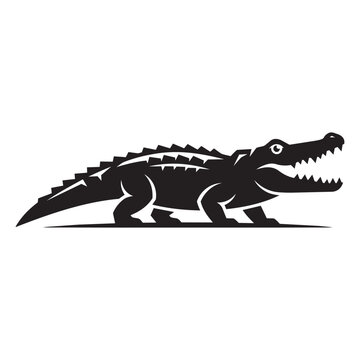 Black silhouette of a dangerous alligator with open mouth walking on the ground side view