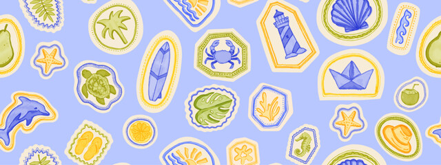 Obraz premium Summer beach seamless pattern, hand drawn exotic travel sticker texture, tropical ocean background. Watercolor doodle island repeat wallpaper, cute paradise graphic print. Mediterranean summer pattern
