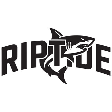 Riptide typography design with a fierce shark silhouette illustration for ocean surf brand