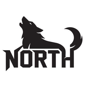 Black silhouette of a howling wolf on top of the word north for a logo or outdoor brand label