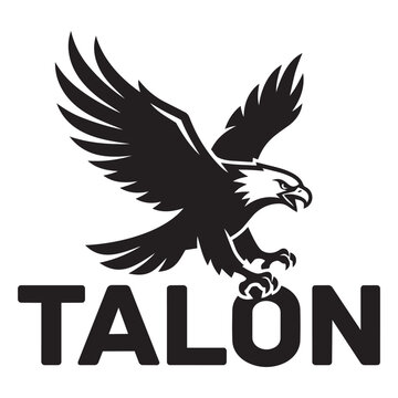 Black and white graphic logo design of a flying eagle with the word talon written below