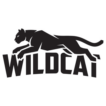 Black wildcat jumping over the word wildcat in a bold modern graphic design logo style