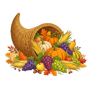 Thanksgiving Cornucopia with Autumn Harvest Bounty Illustration