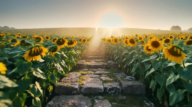 Ancient mossy stone stairs ascending through rows of blooming sunflowers toward a brilliant sunset light flare. Symmetrical outdoor path leading into a golden sky.