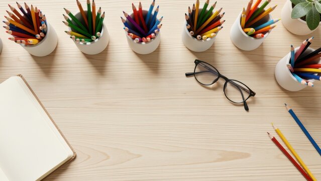 flat lay desk setup with colored pencils journal and reading glasses natural light surface for creative workspace design inspiration