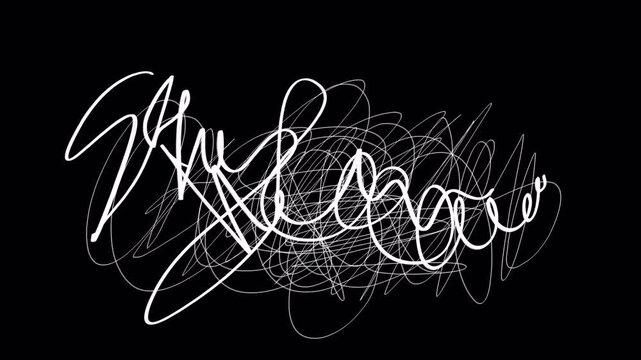 White rough lines and blots on a black screen. Art doodle background effect for overlay in 4K with alpha channel. Abstract drawing animation.