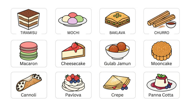 Colorful Illustrated Collection of International Desserts and Pastries.