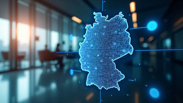 Glowing cybersecurity shield protects digital map of Germany on bright corporate background