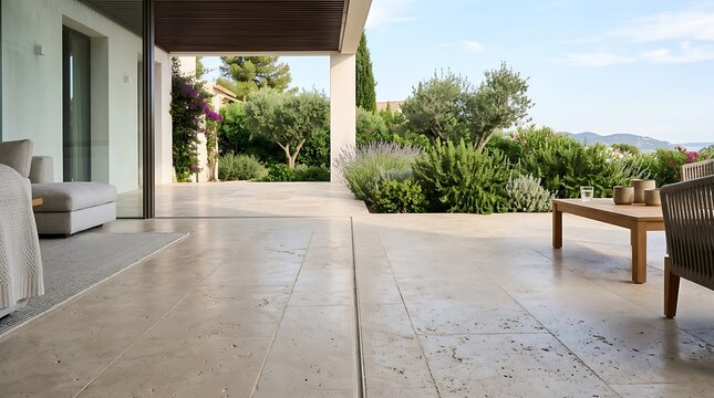 Low angle shot showing seamless travertine tile floor transition from an indoor living area to an open outdoor terrace with garden