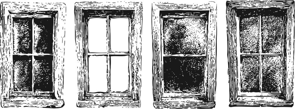 Set of four vintage wooden window frames, different styles of old fashioned paneled windows