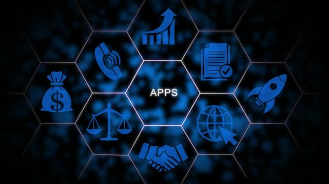 Digital business app ecosystem interface with animated and hexagonal network connectivity apps software