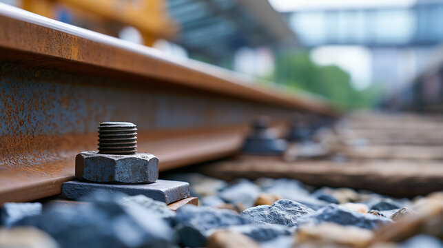 Close-up detailed shot of a single iron railway rail with a screw fastener, transportation infrastructure detail, with copy space