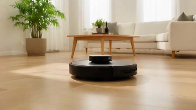 Black robotic vacuum cleaner moving across wooden floor in a modern sunlit living room robot technology automated
