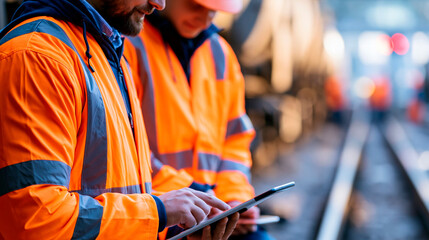 Obraz premium Two faceless railway workers in orange safety jackets inspecting train components near the tracks, collaborative infrastructure maintenance concept, with copy space