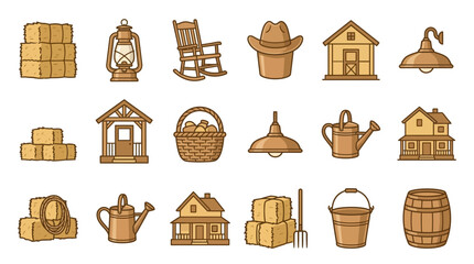 Farm ranch icons including barn and cowboy hat. © salviagetangan