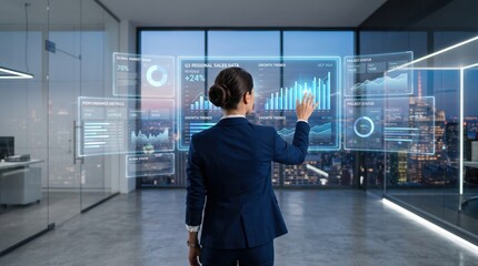 Fototapeta premium Female executive touching virtual screen displaying regional sales data and growth trends, interactive business dashboard in glass office with city view, advanced financial repo...