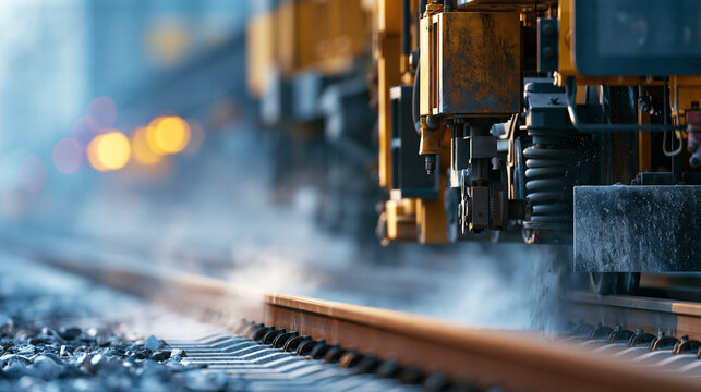 Track grinding and cleaning machine operating on a railroad, weathered rail service train with mechanical components, industrial maintenance concept, with copy space