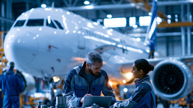 Faceless technicians working on an aircraft inside a hangar, collaborative aviation repair concept, with copy space