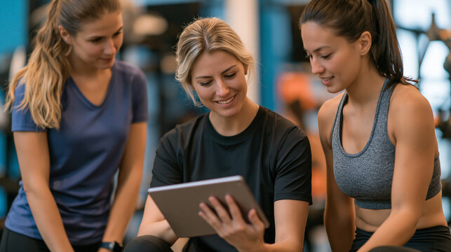 Seated personal trainer showing a digital workout plan on a tablet to two standing women in a gym, fitness coaching, personal training, workout planning, women's fitness, with