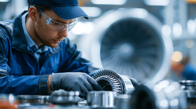 Faceless aircraft mechanical parts assembler at work, precision aviation assembly, industrial engineering concept, with copy space