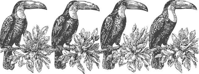 Obraz premium Vintage illustration of four toucans perched on tropical plants with detailed leaves