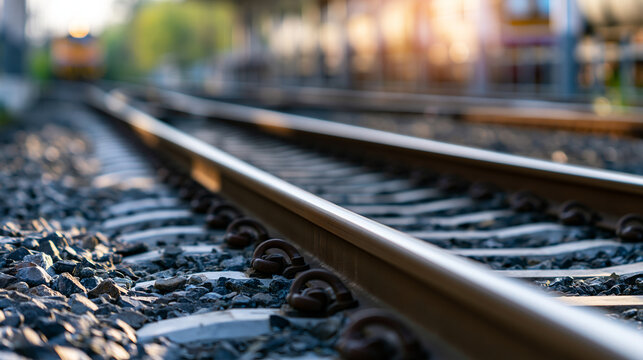 Close-up view of railway tracks stretching forward into the distance, transportation infrastructure concept, with copy space