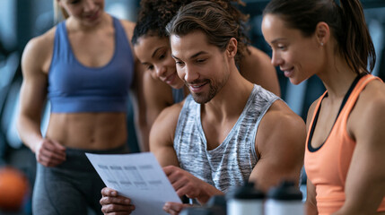 Obraz premium Seated personal trainer explaining a workout schedule on paper to two standing women in a gym, fitness coaching, workout planning, personal training, with copy space