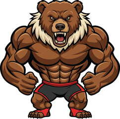 Fototapeta premium Muscular Brown Bear Boxer Mascot with Red Gloves, Cartoon Sports Team Logo, Esports Gaming Character Illustration Isolated on White Background